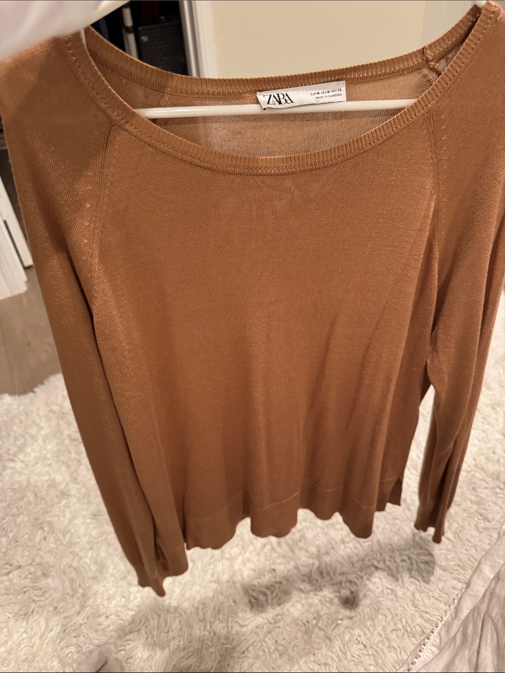 Zara Camel Long-Sleeve Lightweight Knit Top